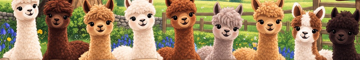 A row of fluffy alpacas in cream, brown, grey and black standing by a field fence with bluebells