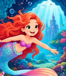 Aria from Mermaid Cove Adventures: a mermaid with fiery red-orange hair swimming forward