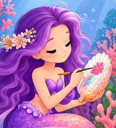 Coral from Mermaid Cove Adventures: a mermaid with violet hair painting a shell