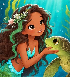 Marina from Mermaid Cove Adventures: a mermaid with brown wavy hair and sea-green streaks, gently holding a turtle