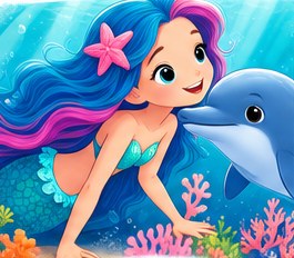 Mila from Mermaid Cove Adventures: a mermaid with turquoise hair, a pink streak and a starfish clip, beside Finn the dolphin