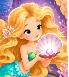 Pearl from Mermaid Cove Adventures: a mermaid with golden hair studying a pearl in an open shell