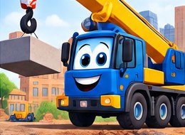 Charlie Crane: a blue mobile crane with a yellow boom lifting a concrete block