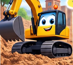 Digger Dan: a friendly yellow excavator with big eyes, digging soil