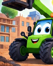Tilly Telehandler: a bright green telehandler lifting a pallet of bricks