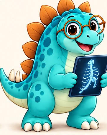 Dr. Steggy: a turquoise stegosaurus with orange plates and round spectacles, holding an X-ray tablet