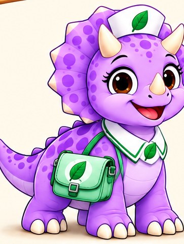 Nurse Trixie: a purple triceratops wearing a white nurse cap and carrying a mint medical pouch