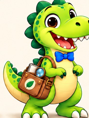 Professor Rex: a lime-green dinosaur with a blue bow tie and a brown doctor's satchel