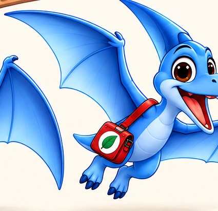 Ptera: a sky-blue pterosaur flying with a red rescue satchel