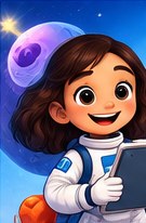 Maya from Little Explorers: Star Quest, a young scientist in a spacesuit holding a tablet
