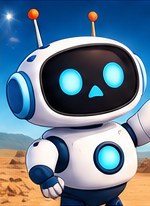 Orbit, a small round white robot with glowing cyan eyes, from Little Explorers: Star Quest