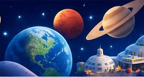Earth, Mars and Saturn above the domes of Star Quest Station