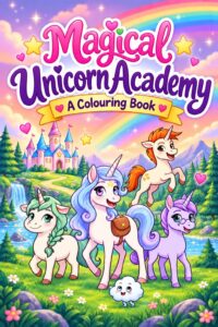 Magical Unicorn Academy colouring book cover: four unicorn friends and Pip the little cloud in a meadow below their castle school