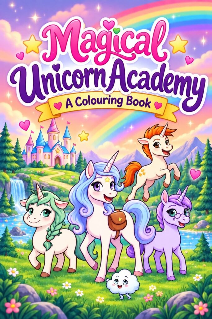 Magical Unicorn Academy colouring book cover: four unicorn friends and Pip the little cloud in a meadow below their castle school