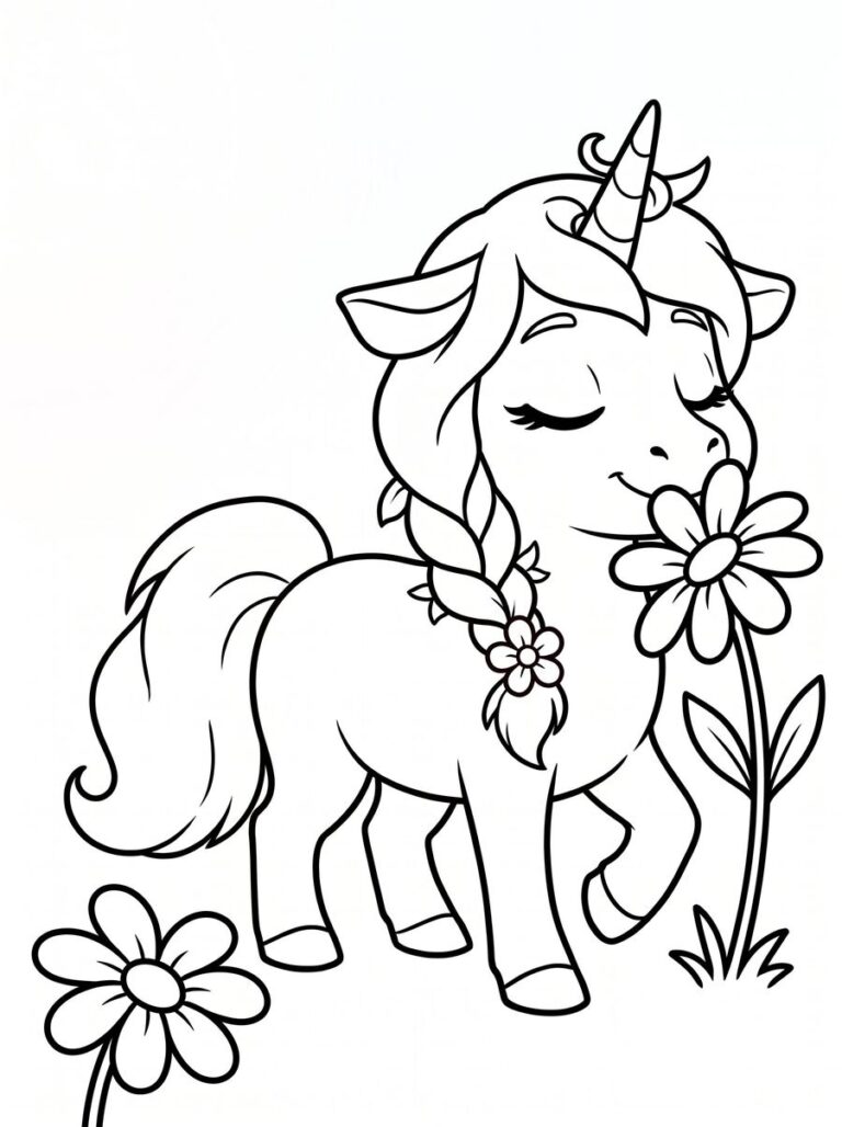 Colouring page of a unicorn with a braided mane smelling a flower