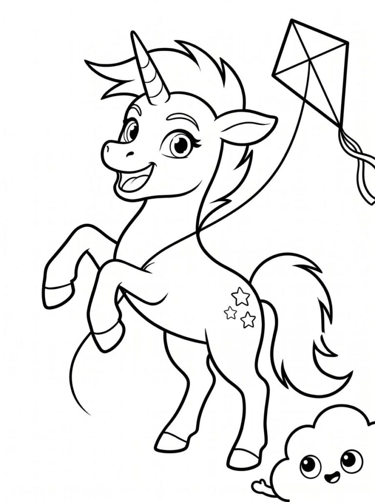 Colouring page of a unicorn flying a kite, with Pip the cloud