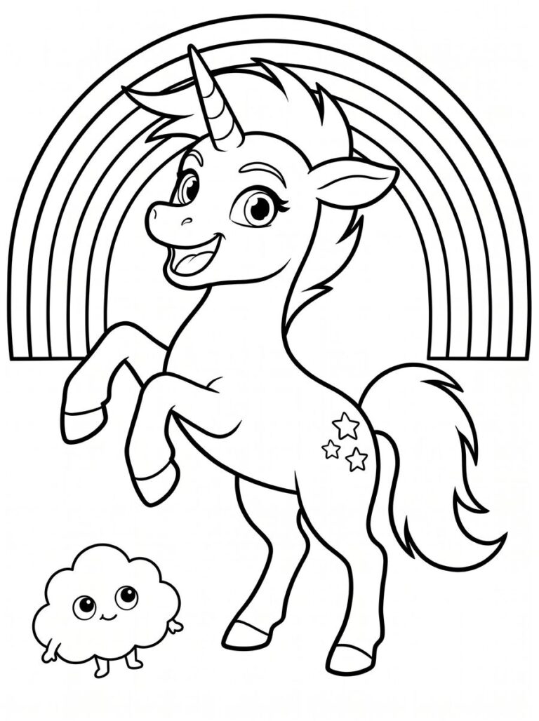 Colouring page of a unicorn rearing beneath a rainbow, with Pip the cloud
