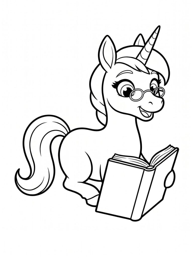 Colouring page of a unicorn wearing glasses, reading a book
