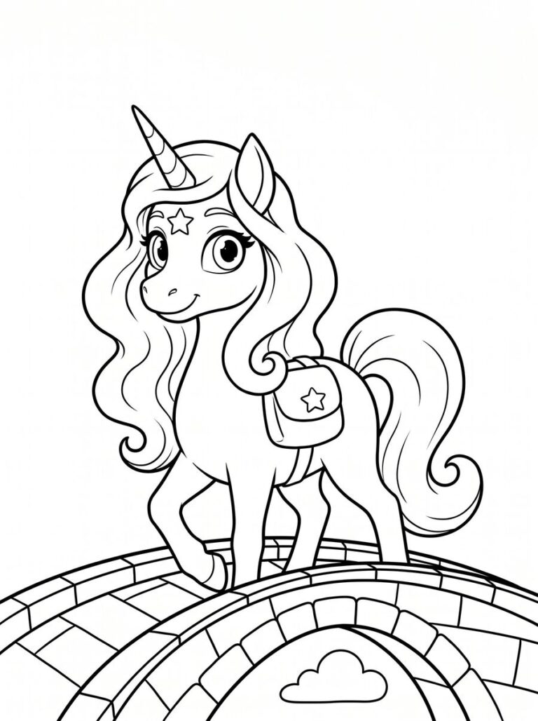 Colouring page of a long-maned unicorn with a satchel, standing on a bridge