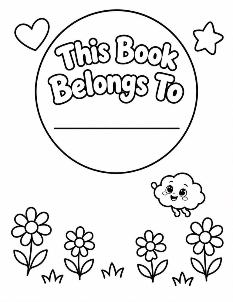 Colouring page reading This Book Belongs To, with flowers and Pip the cloud