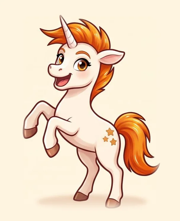 Blaze, the Adventurer: a cream unicorn with a short spiky orange mane and three stars on the flank