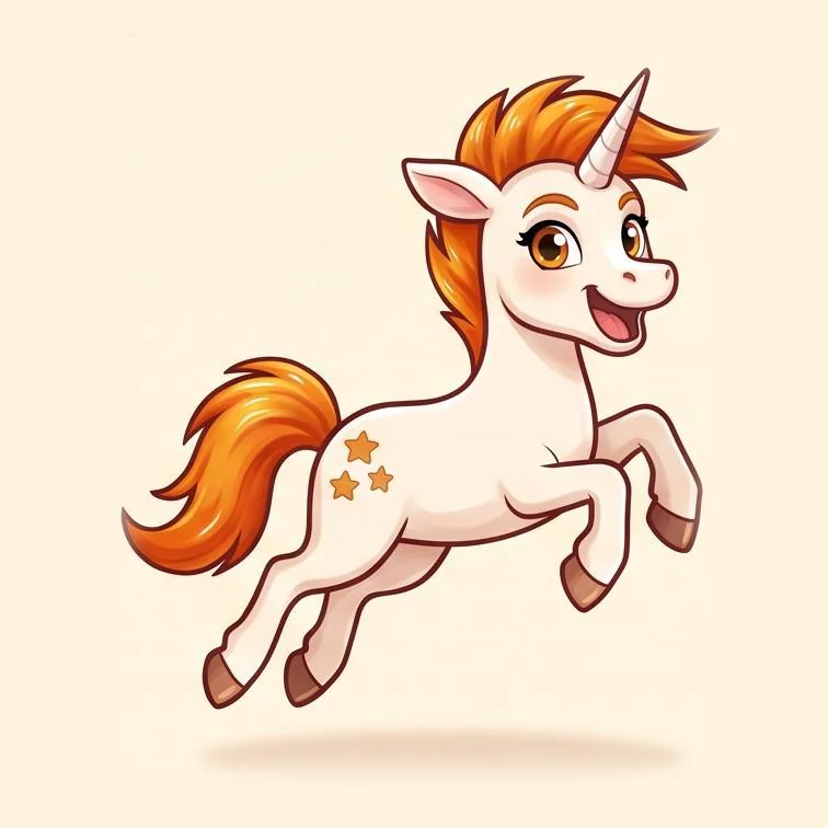 Blaze leaping forward with a big grin, orange mane and tail flying