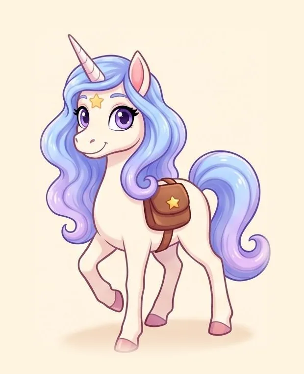 Luna, the Star Seeker: a cream unicorn with a flowing powder-blue and lilac mane, a small star on her forehead and a brown satchel with a star emblem