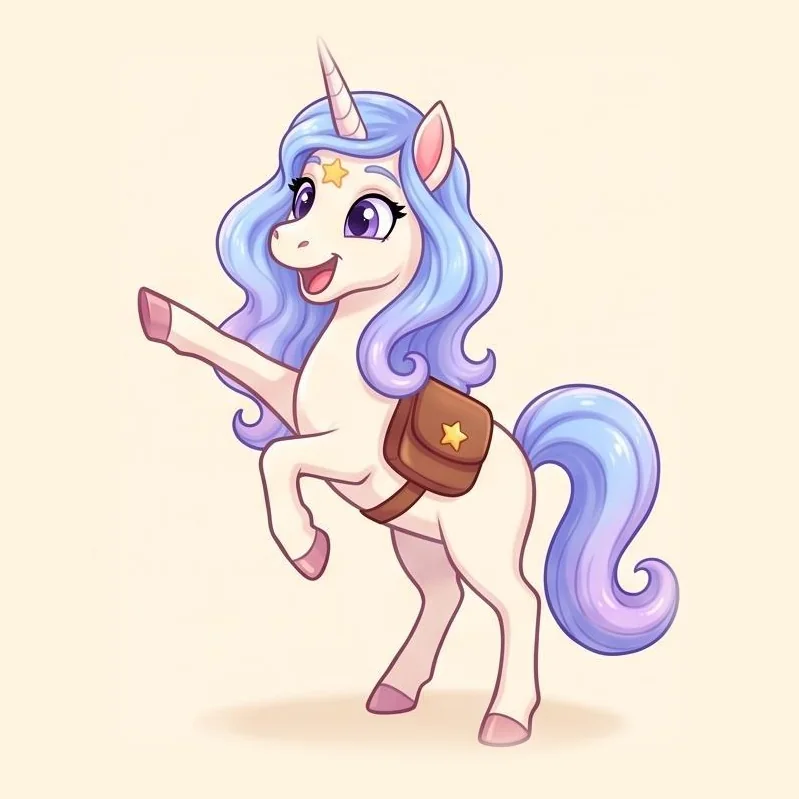 Luna rearing up and pointing excitedly, her star satchel at her side