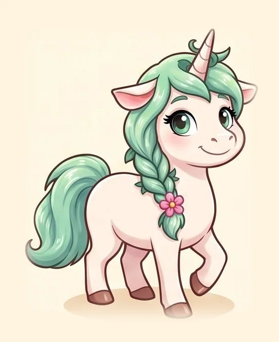 Pippa, the Meadow Friend: a cream unicorn with a mint-green braided mane and a pink flower in her braid
