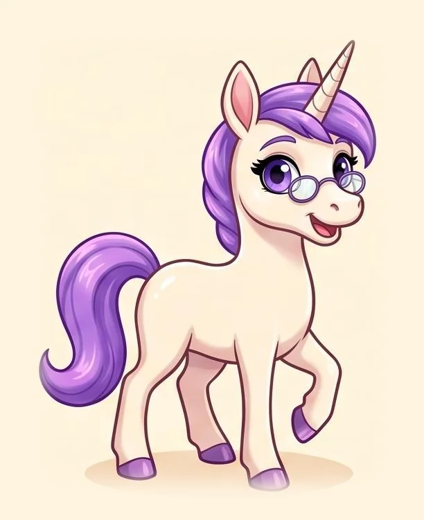 Violet, the Clever One: a cream unicorn with a purple mane and round glasses