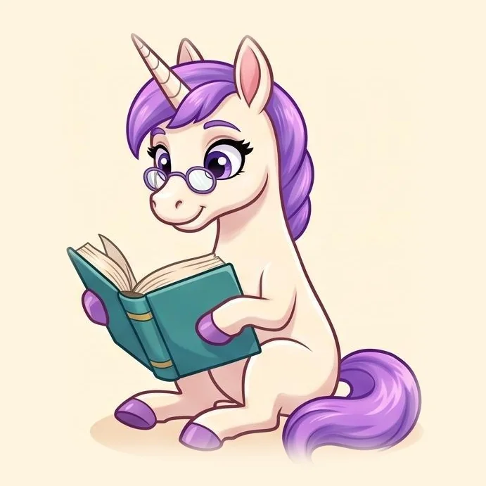 Violet sitting and reading a big open teal spell book through her round glasses