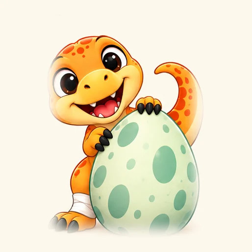Bandit, a small orange spotted dinosaur with a plaster on one leg, peeking out from behind a pale mint spotted egg
