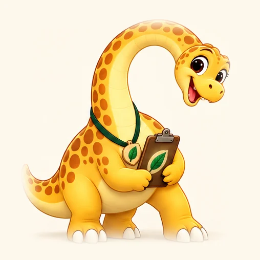 Bramble, a golden-yellow long-necked dinosaur with a leaf name badge and clipboard, bending down to say hello