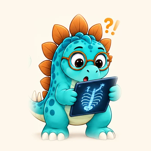 Dr. Steggy, a turquoise stegosaurus in round orange spectacles, puzzling over an X-ray held upside down