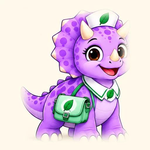 Nurse Trixie, a purple triceratops in a white nurse cap and collar, carrying a mint medical pouch