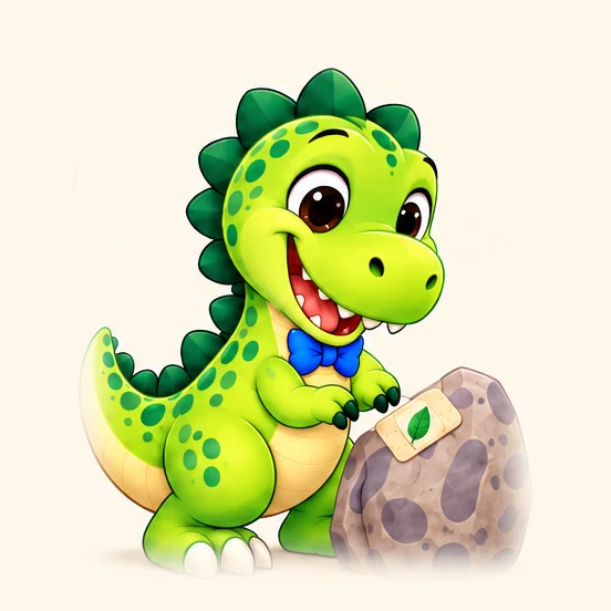 Professor Rex, the lime-green head doctor in a blue bow tie, applying a leaf plaster to a rock