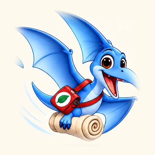 Ptera, a sky-blue pterosaur with a red rescue satchel, flying with a rolled rescue blanket